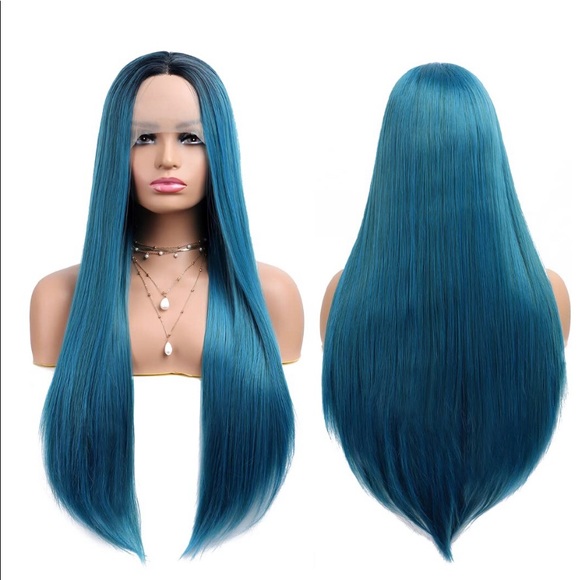 Green Blue Synthetic Lace Front Wig13×2.5 Long Straight Glueless Heat Resistant